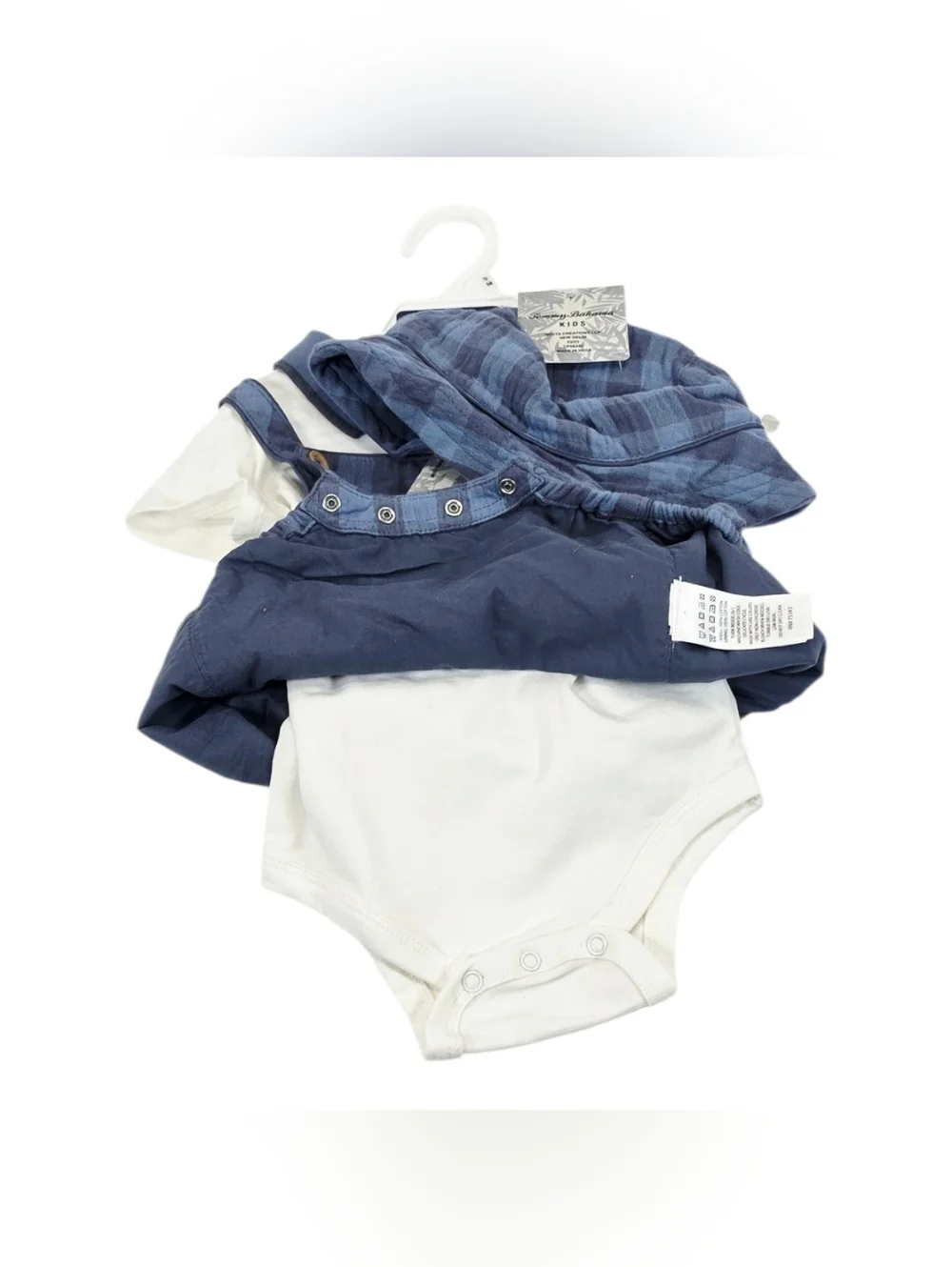 ​Tommy Bahama Kids 2-Pc Set Blue Buffalo Plaid Overalls Romper & Polo Shirt 9M